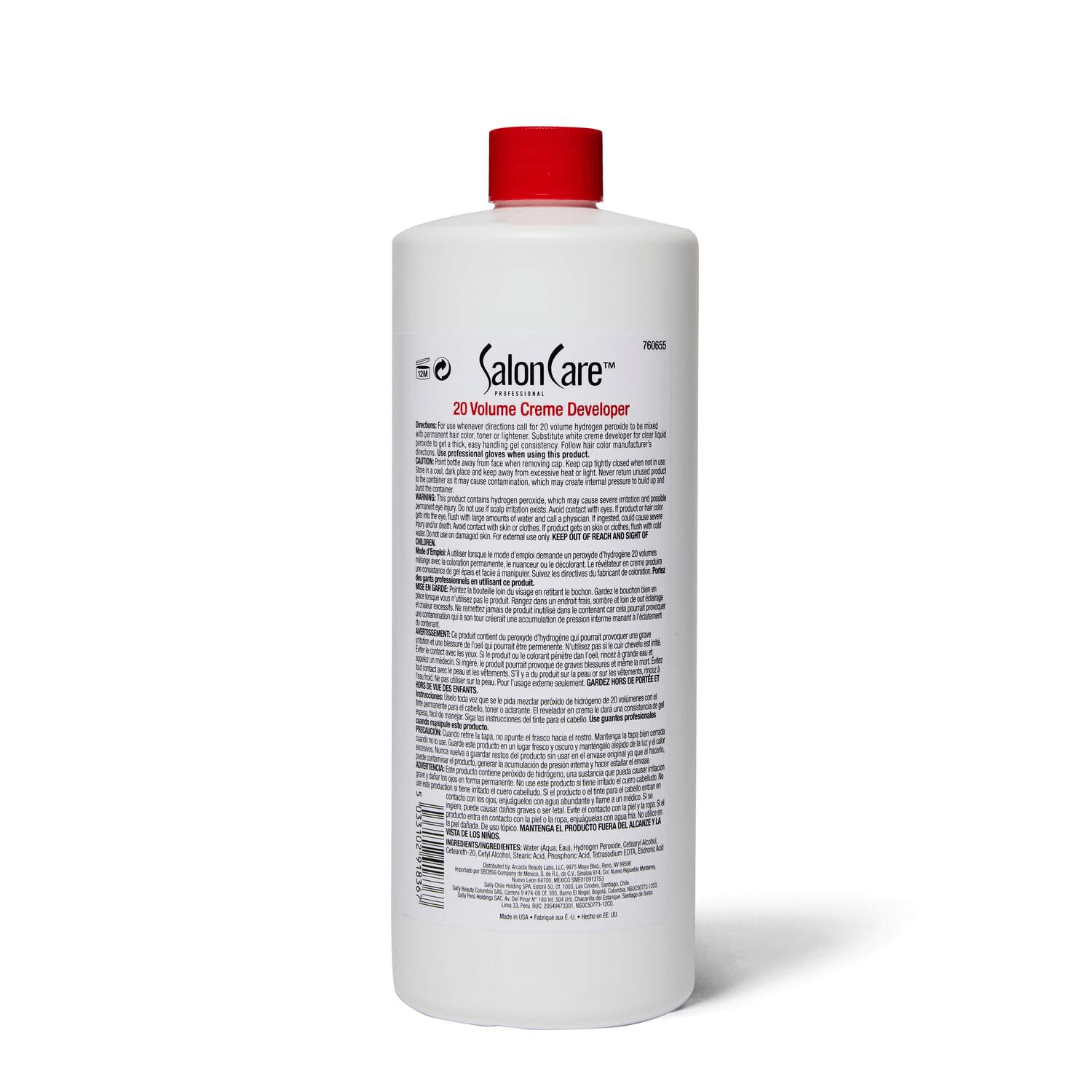 Salon Care 20 Volume Creme Developer label closeup shows stabilized formula for consistency