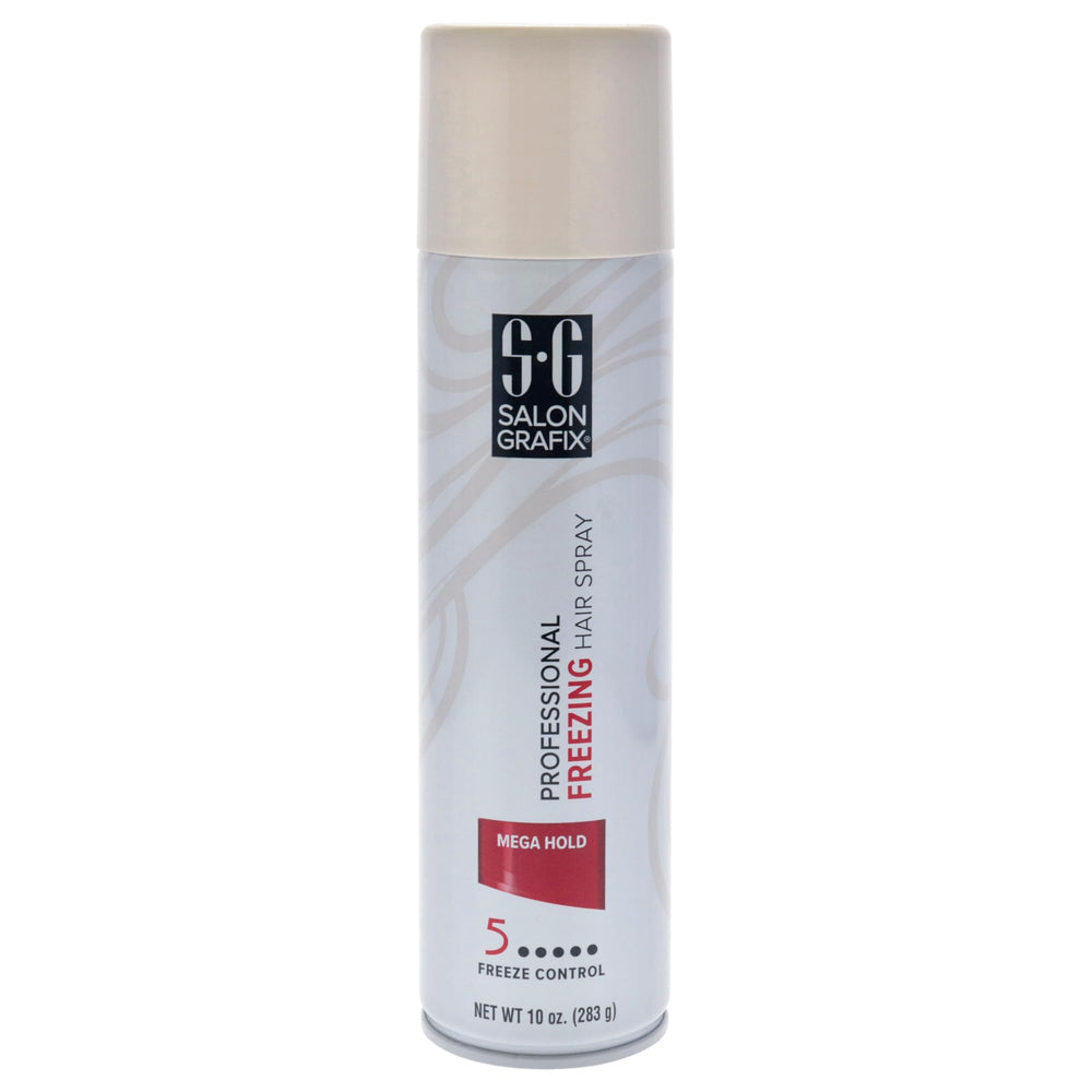 Salon Grafix Freezing Hair Spray bottle demonstrates mega hold for all-day style.
