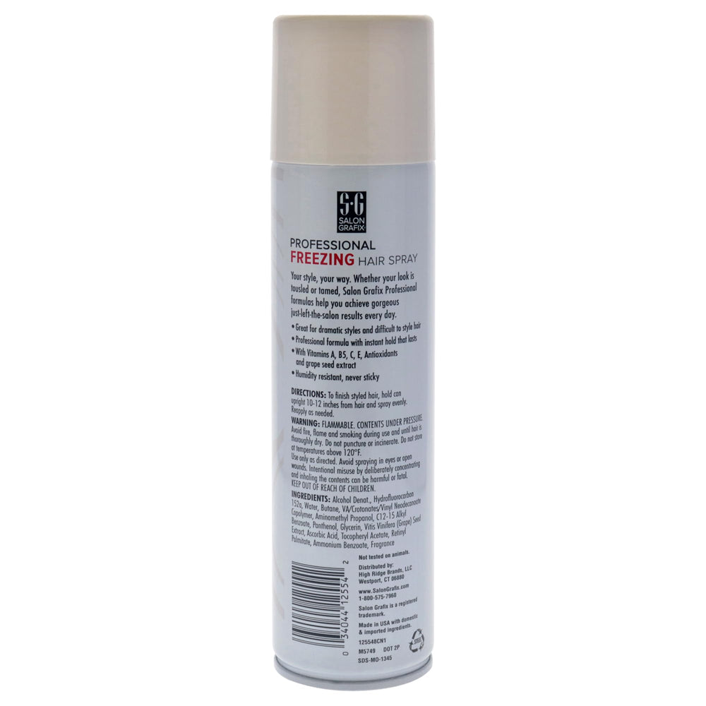 Salon Grafix Freezing Hair Spray mist-dispense highlights quick-drying, volumizing performance for busy mornings.