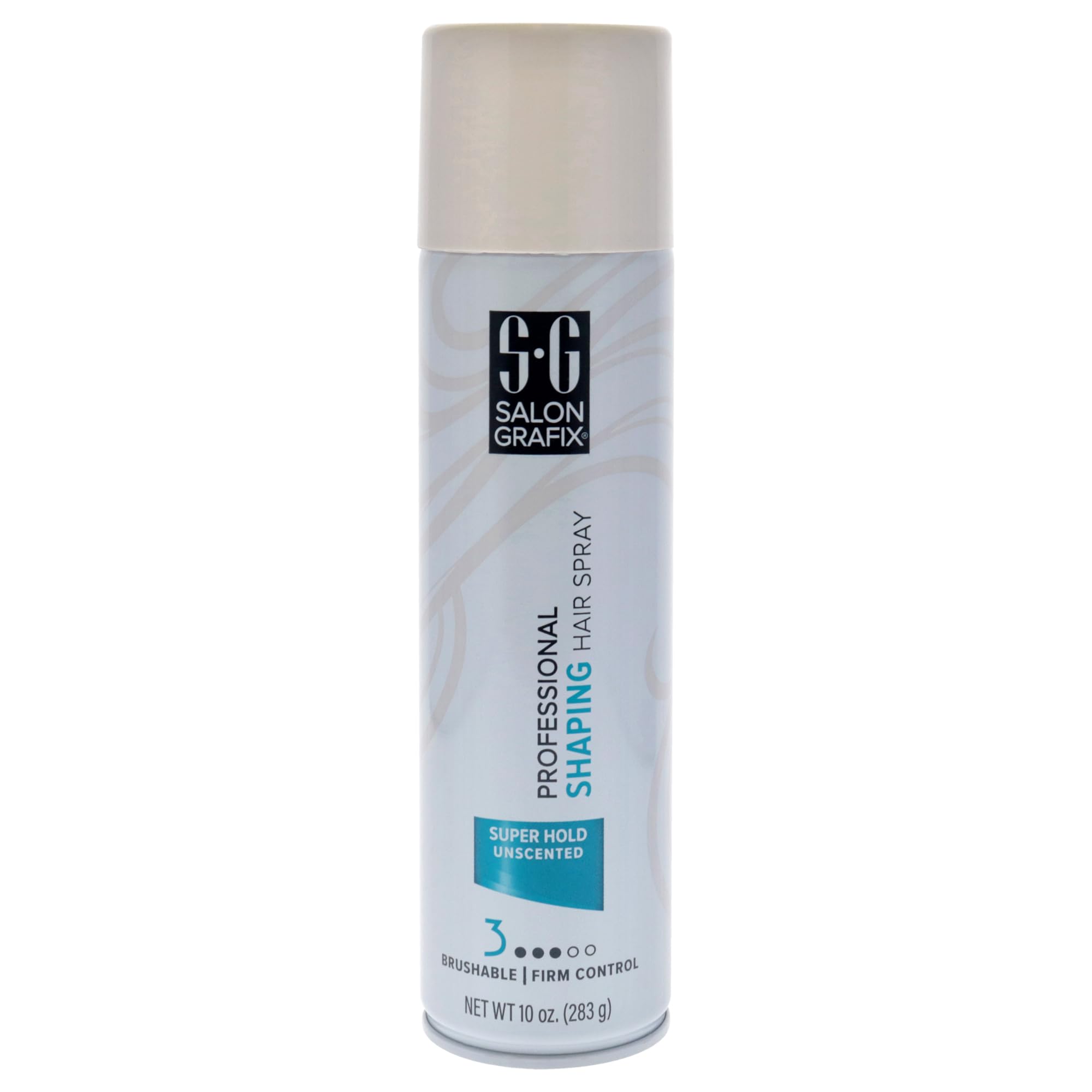 Salon Grafix Shaping Hair Spray Super Hold bottle shows unscented, brushable control for all-day style.