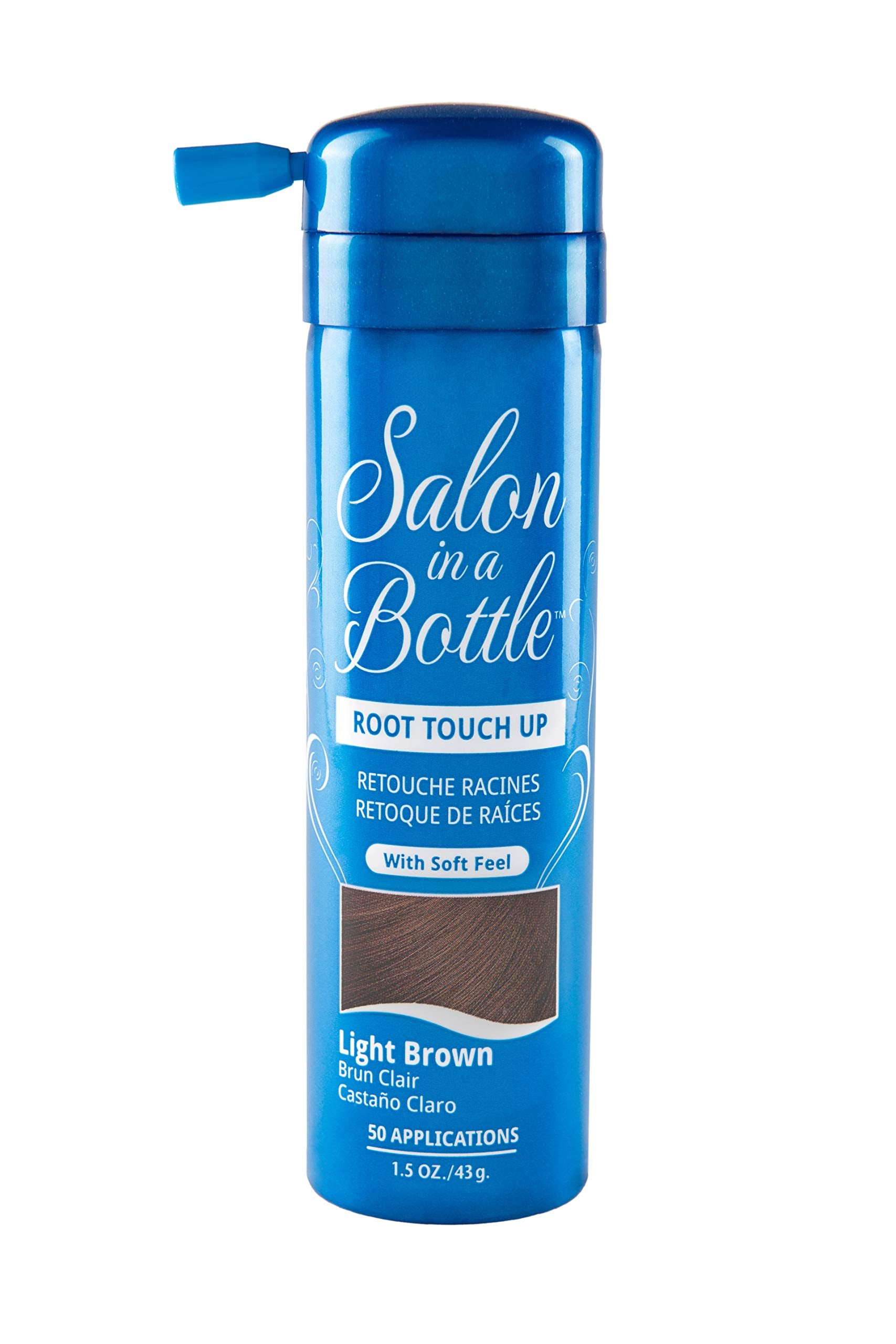 Salon in a Bottle root touch-up spray closeup in light brown for natural-looking on-the-go coverage.