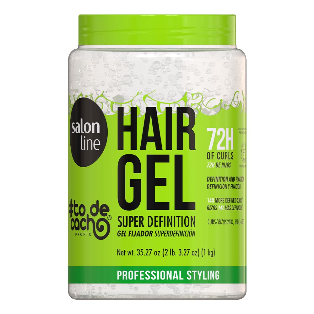 Salon Line Super Definition Hair Gelatin bottle shows full hold for defined curls.