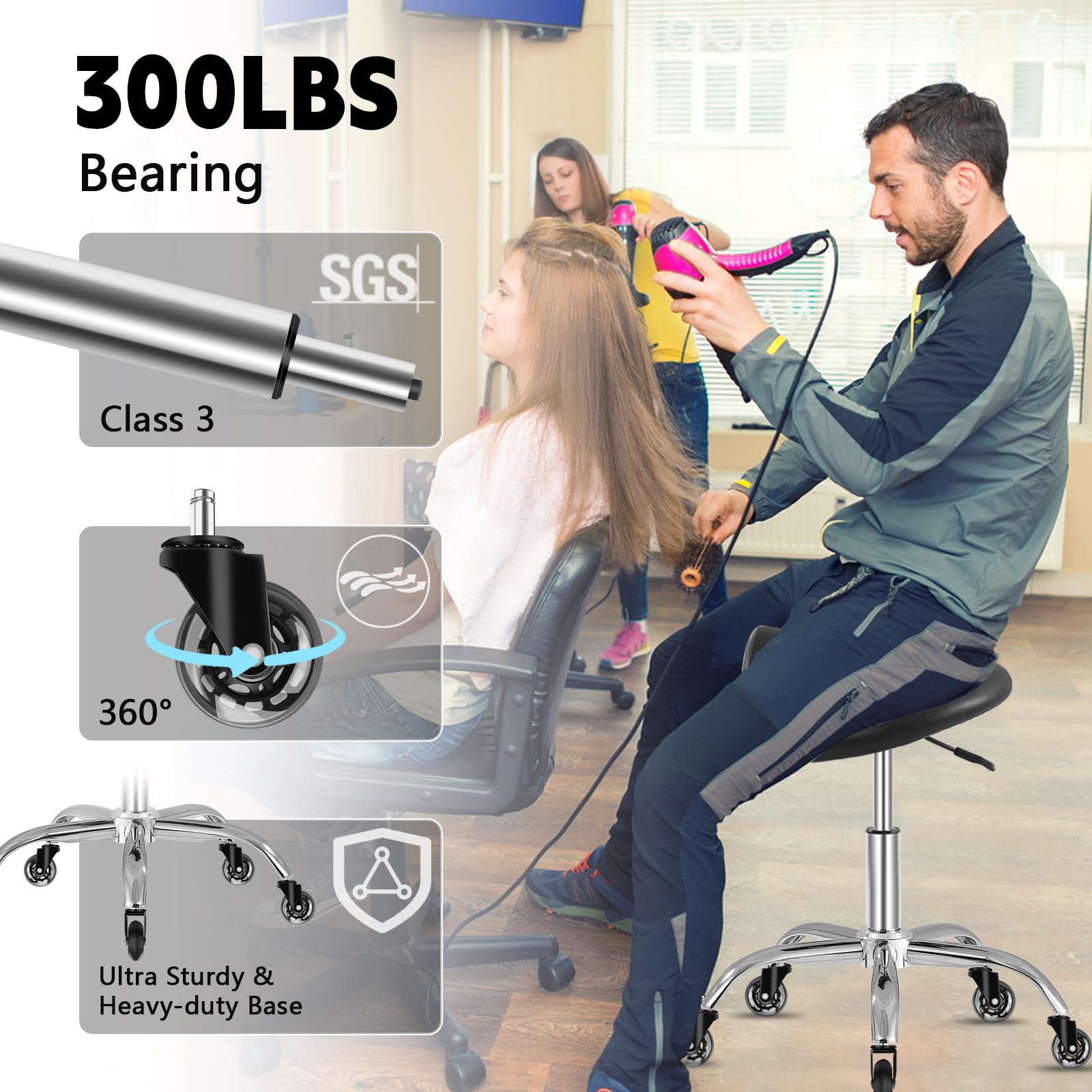 SALONFACTORY saddle stool 360-degree swivel for easy access during sessions