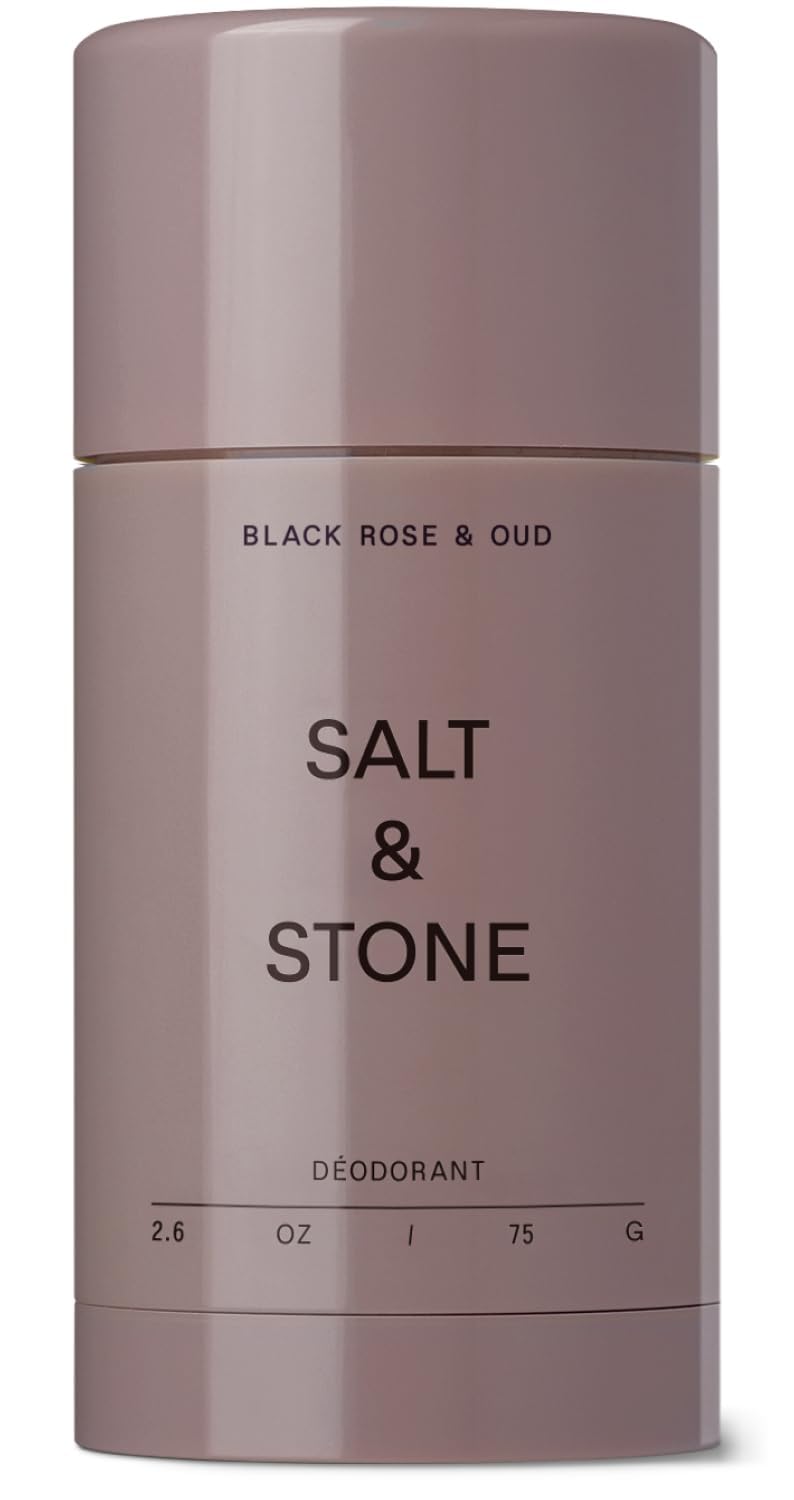 Salt & Stone aluminum-free deodorant bottle demonstrates long-lasting odor protection.
