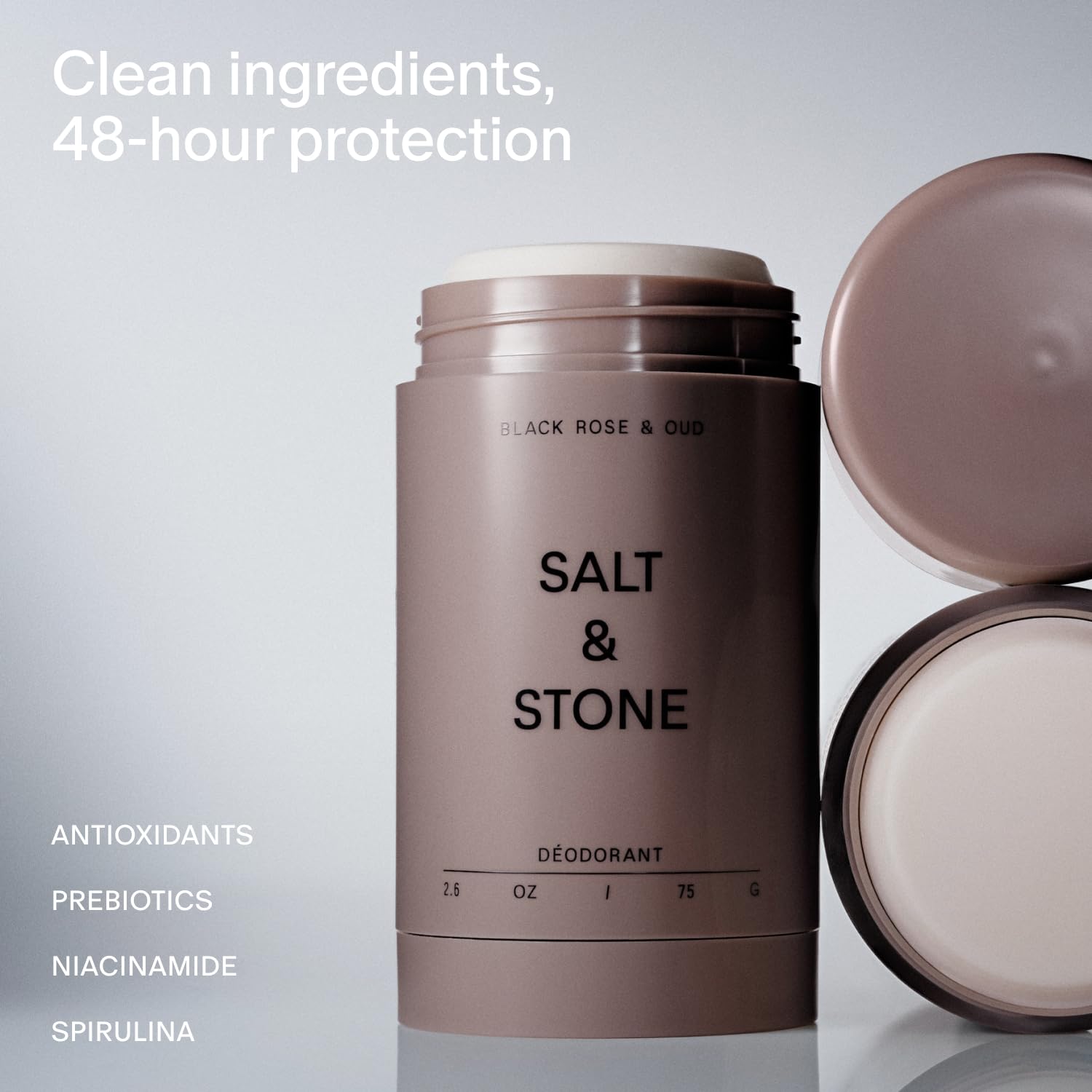 Salt & Stone Black Rose Oud deodorant close-up for bold, confident days.