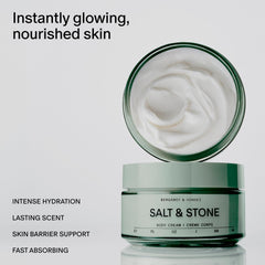 Salt & Stone Body Cream Bergamot Hinoki texture close-up shows creamy consistency and skin comfort.