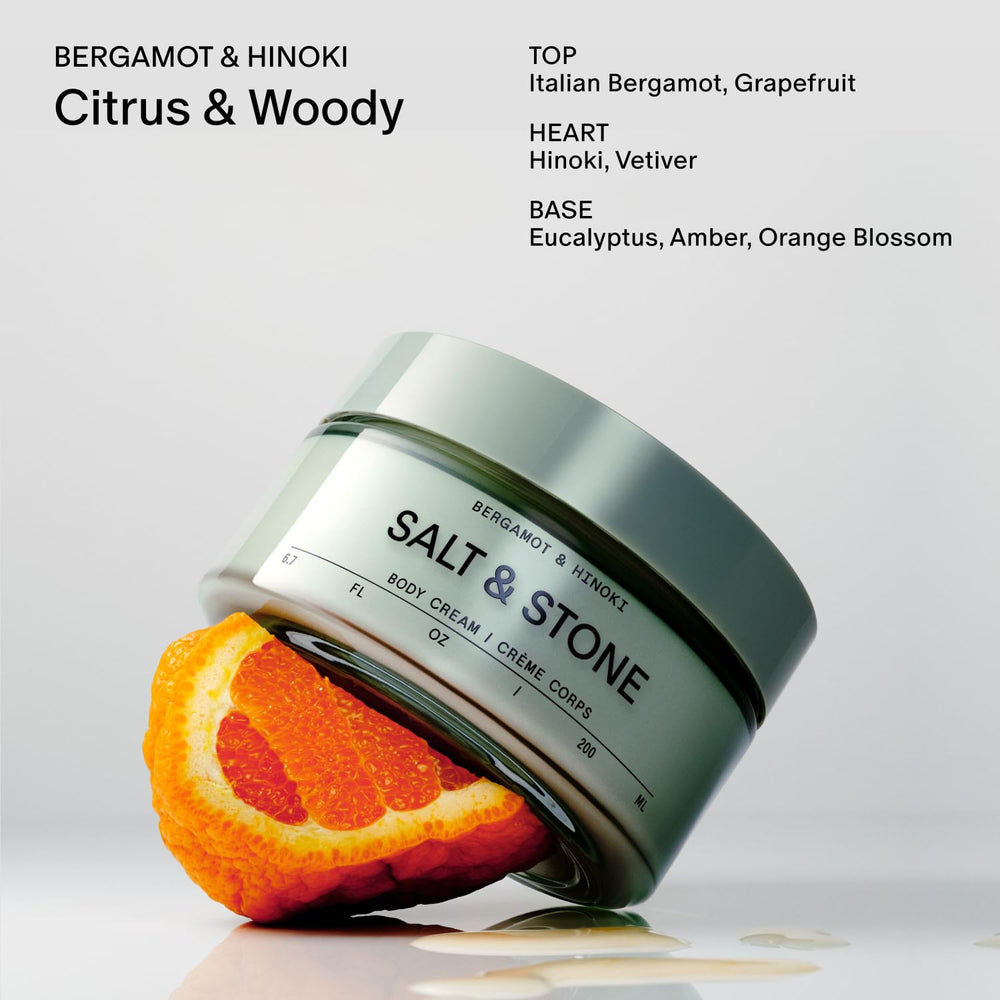 Salt & Stone Body Cream Squalane Argan Oil shot suggests nourishing elasticity and velvety skin.