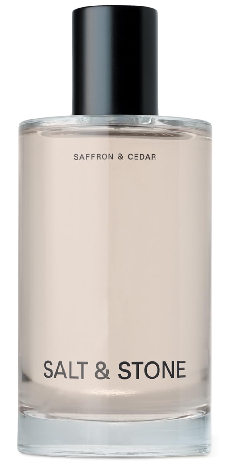 Salt & Stone Body Mist bottle-front showcases saffron cedar scent for all-day freshness.