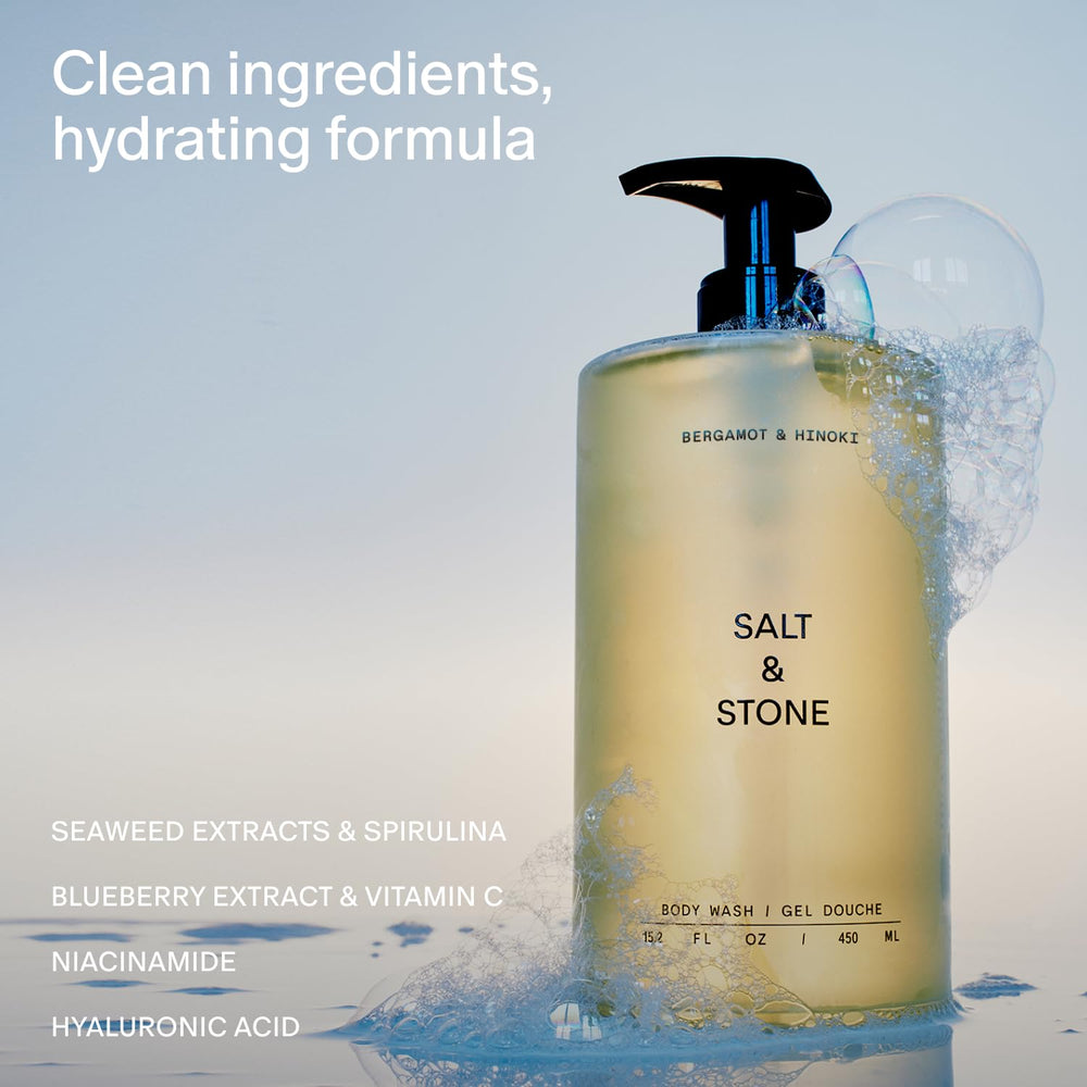 Salt & Stone body wash bottle back highlights vegan, cruelty-free formula free of parabens.