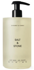 Salt & Stone body wash bottle front view shows Bergamot & Hinoki aroma for a refreshing morning cleanse.