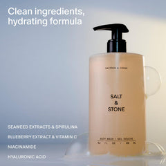 Salt and Stone body wash bottle and rich lather for soft, hydrated skin