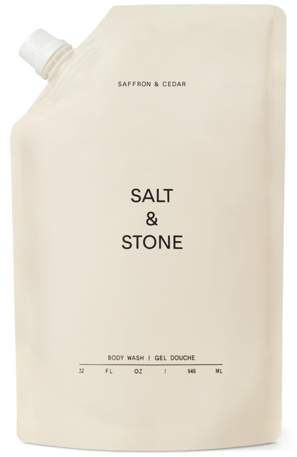 Salt and Stone body wash bottle pouring for a refreshing shower with balanced skin