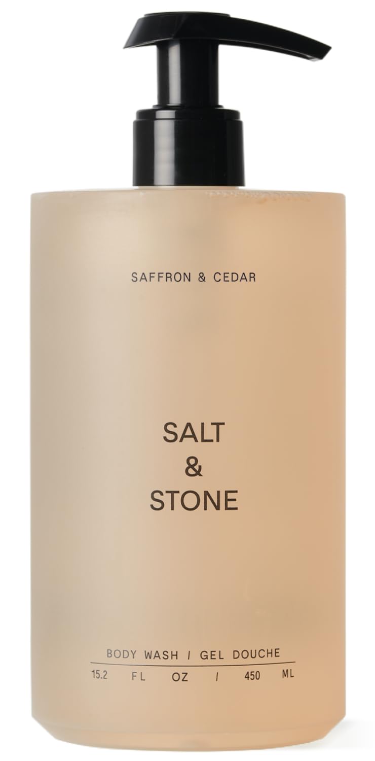 Salt & Stone body wash bottle highlights nourishing daily cleanse with antioxidants.
