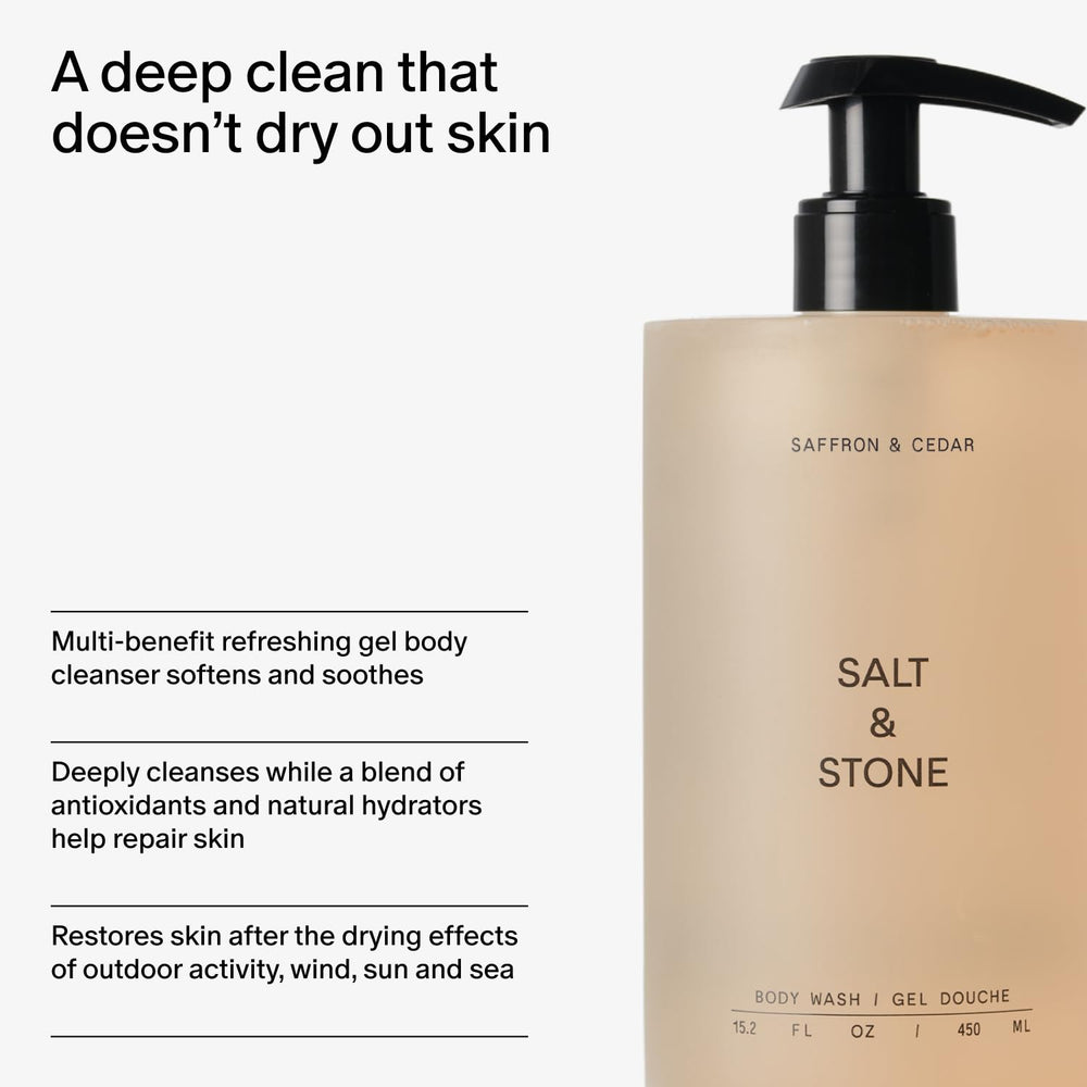 Salt & Stone body wash packaging display suggests premium daily ritual.