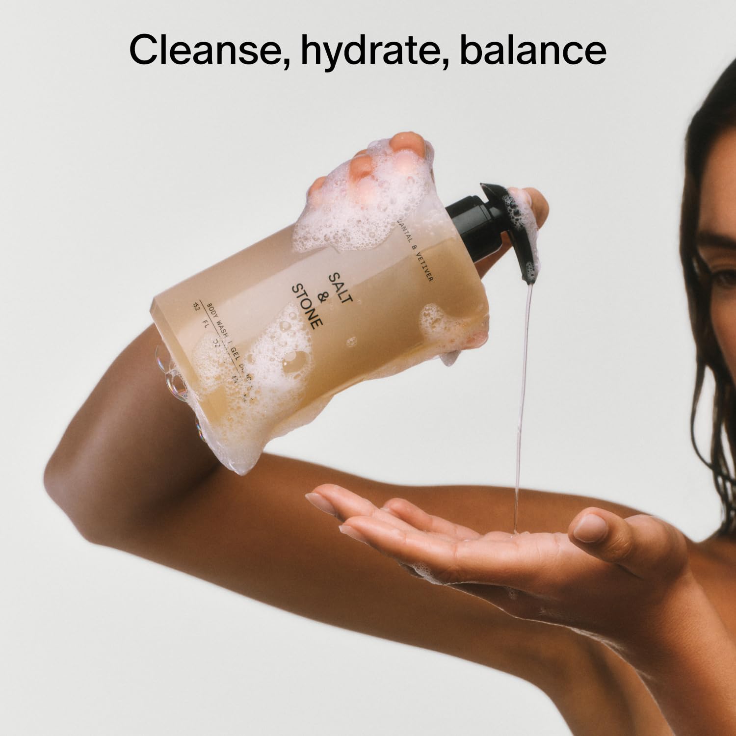 Salt & Stone body wash vegan cruelty-free icon communicates ethical, clean ingredients.