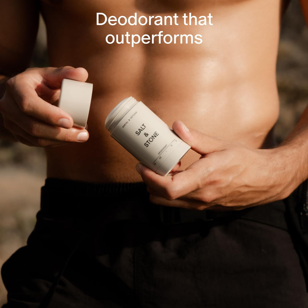 Salt & Stone deodorant being applied for a smooth, transfer-free glide.