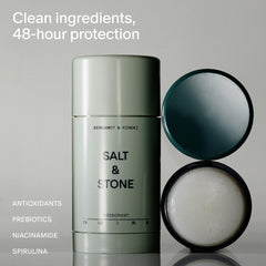 Salt & Stone Deodorant bottle closeup: sleek design and smooth application.