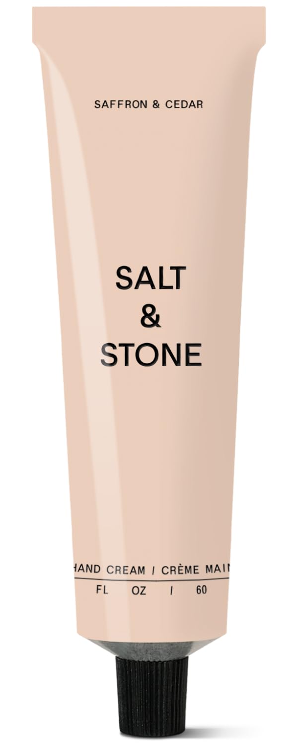 Salt & Stone hand cream saffron-cedar packaging shows premium hydration branding.