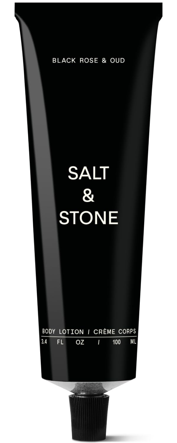 Salt & Stone lotion bottle Black Rose & Oud closeup, showcasing premium packaging and fragrance