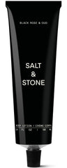 Salt & Stone lotion bottle Black Rose & Oud closeup, showcasing premium packaging and fragrance