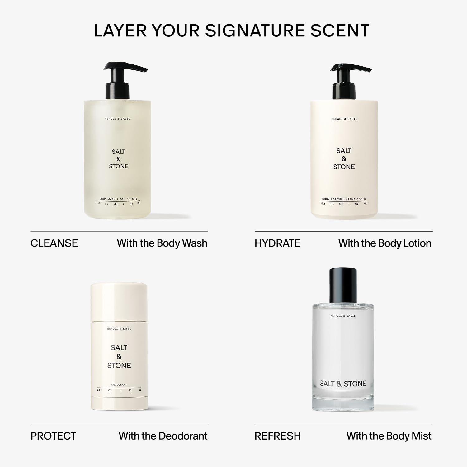 Pump dispenser of Salt & Stone Neroli & Basil lotion for easy, quick application.
