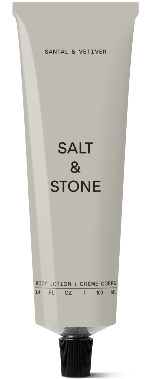 Salt & Stone Santal & Vetiver lotion bottle demonstrates premium packaging and fast absorption.
