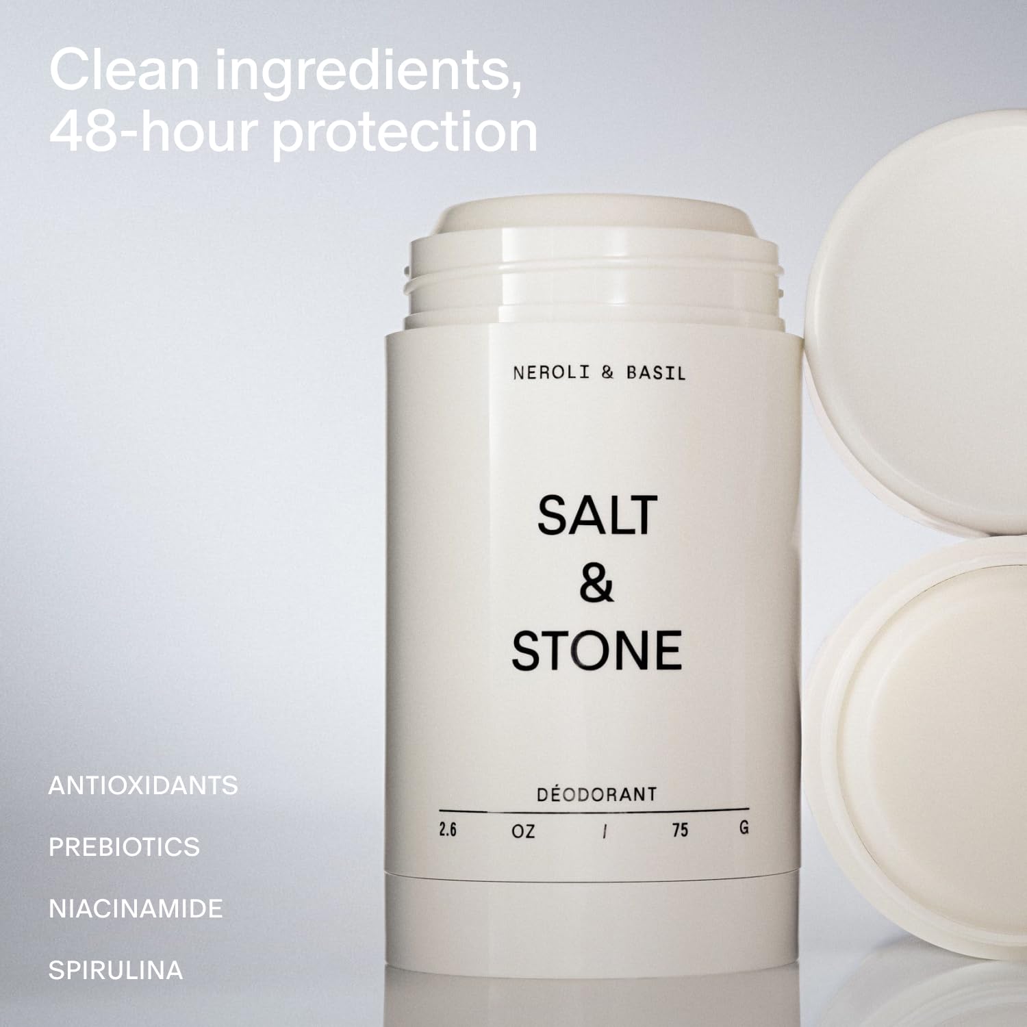 Salt & Stone aluminum-free deodorant-stick closeup shows clear glide for smooth application.