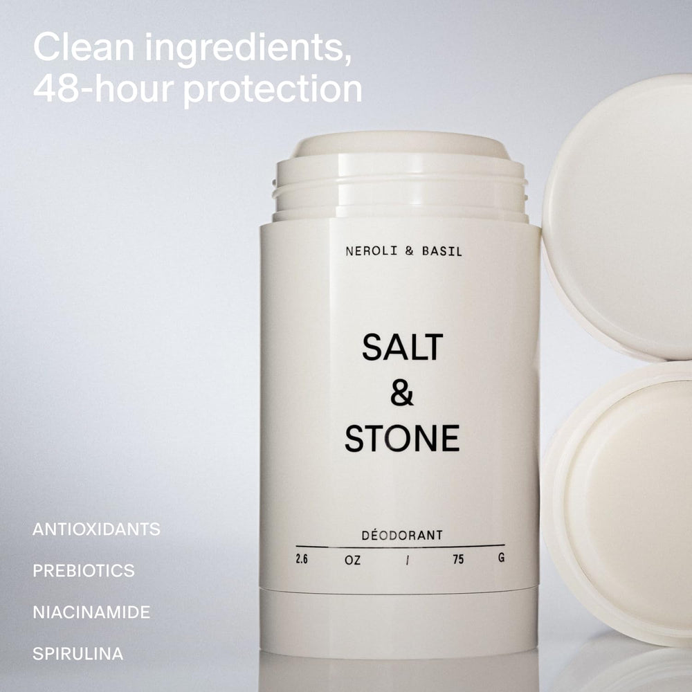 Salt & Stone aluminum-free deodorant-stick closeup shows clear glide for smooth application.