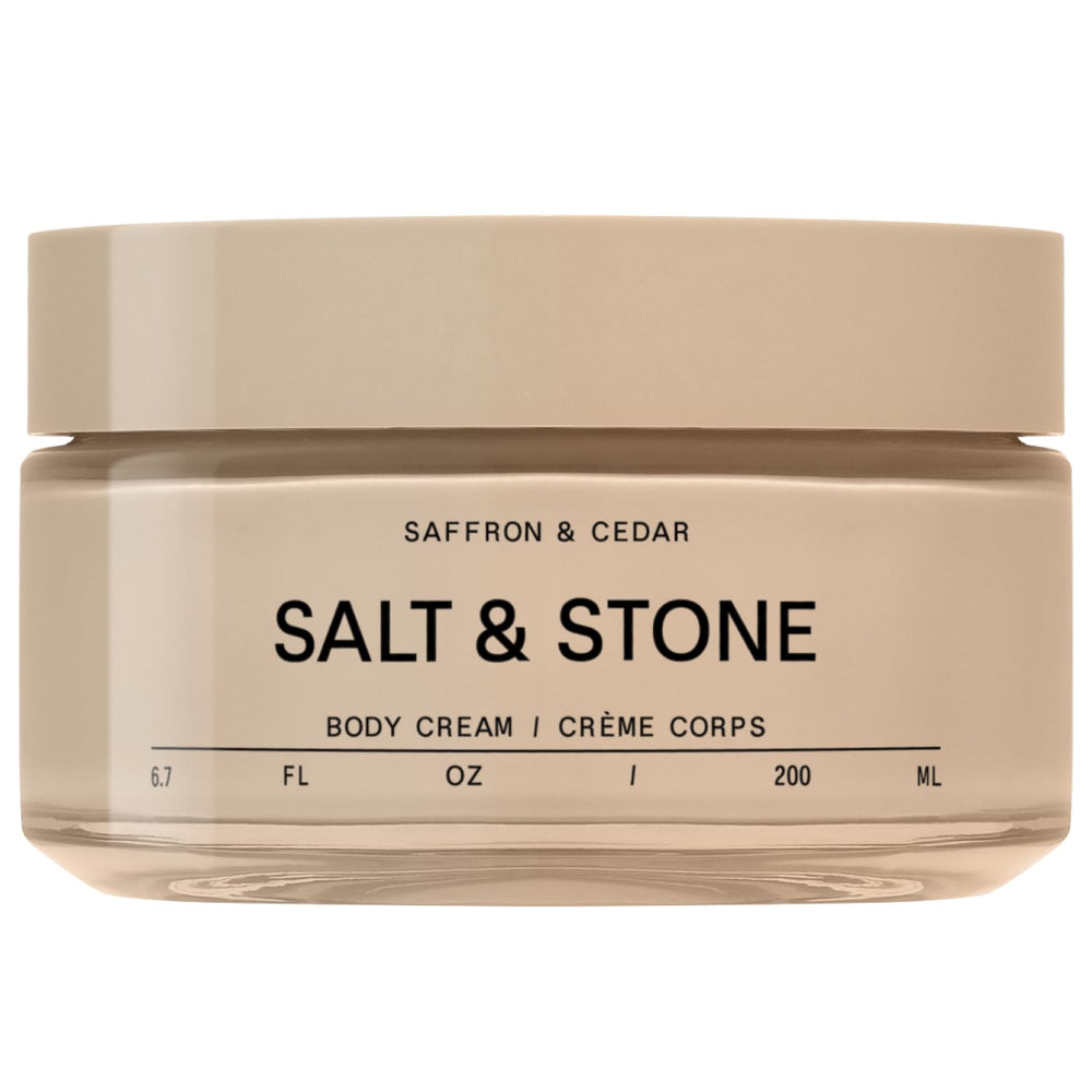 Salt & Stone body cream saffron cedar bottle highlights lasting scent and hydrating formula.