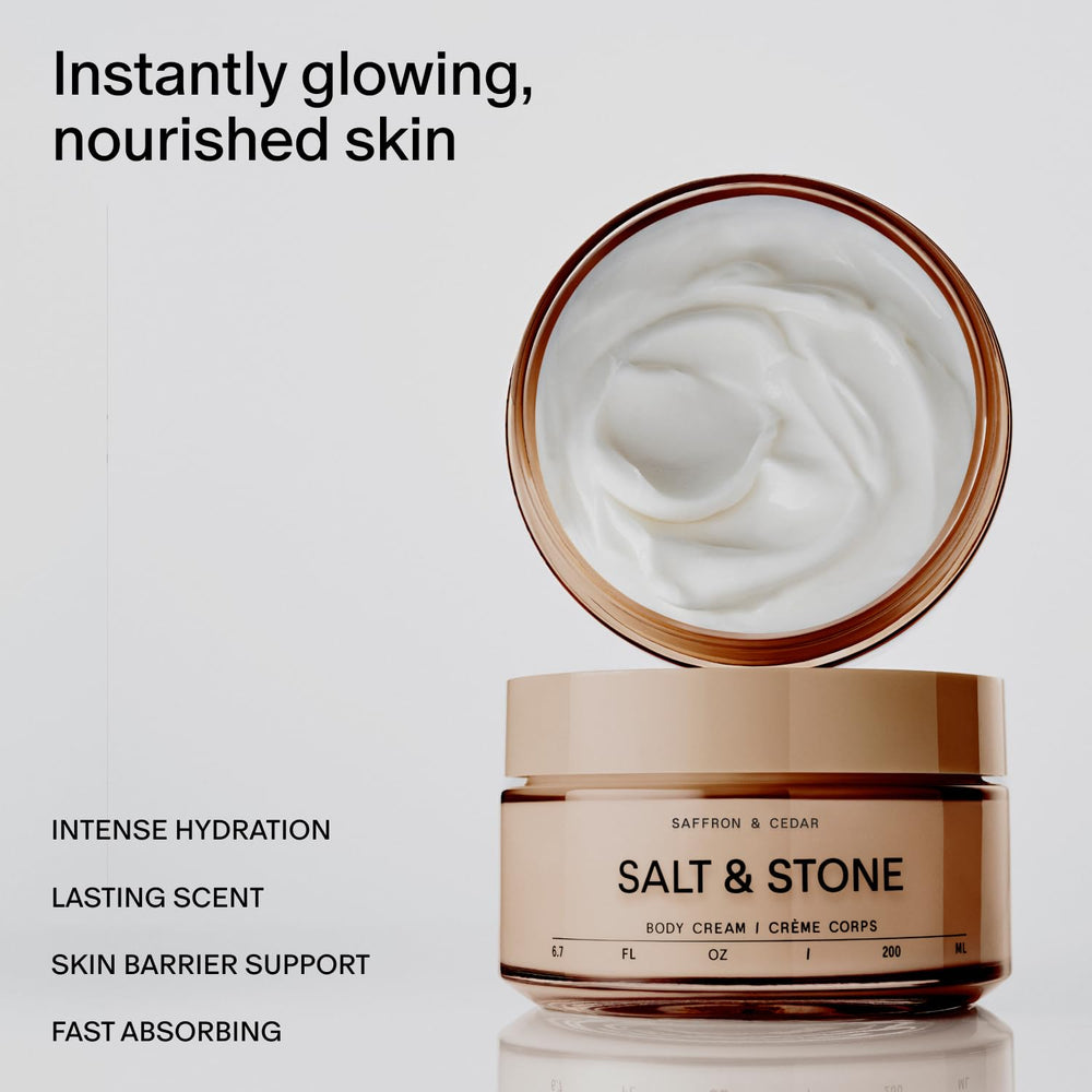 Salt & Stone body cream saffron cedar texture closeup shows creamy, fast-absorbing hydration.