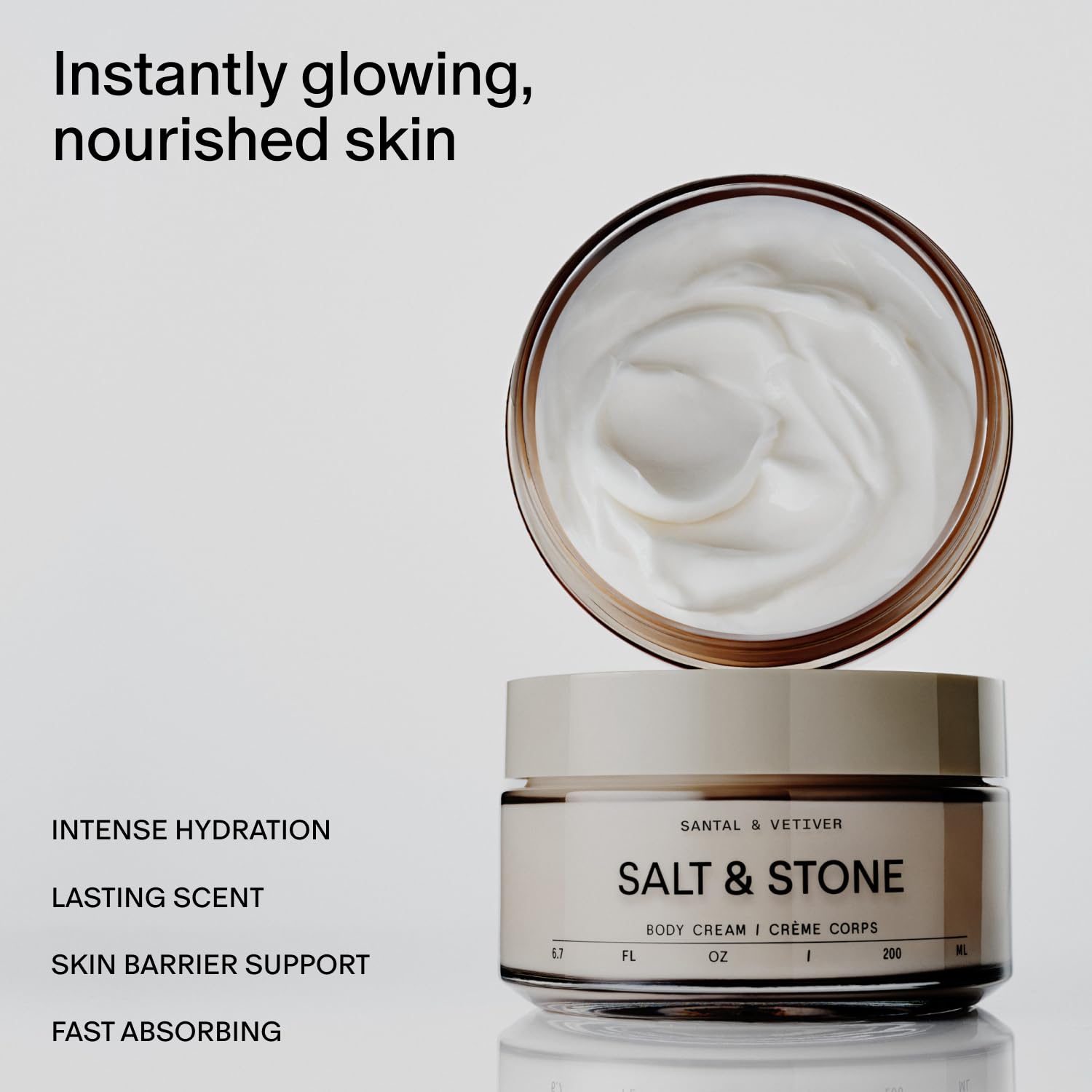 Salt & Stone Body Cream Santal & Vetiver jar close-up shows creamy texture.