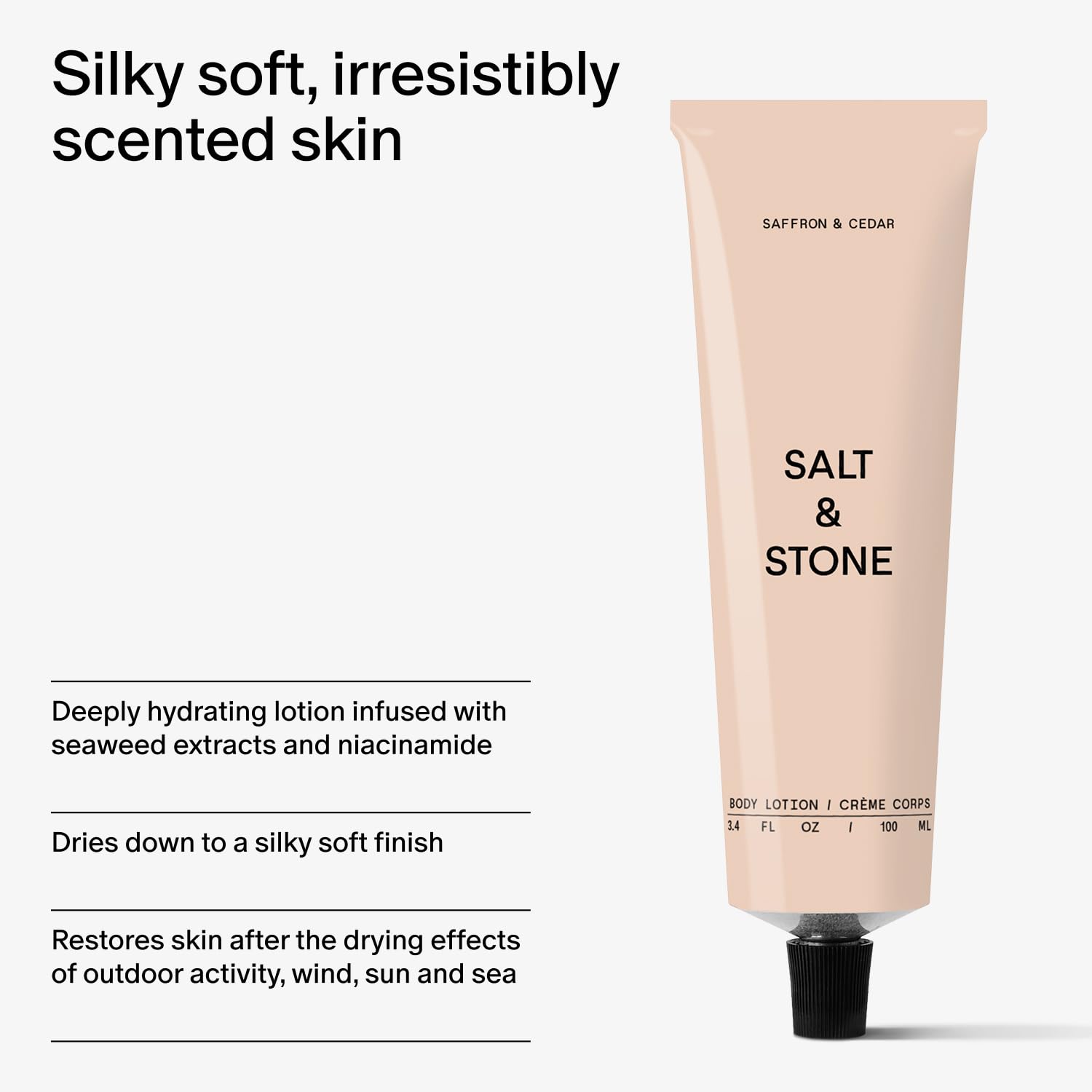 Salt & Stone body lotion texture swatch with silky-soft finish after absorption.