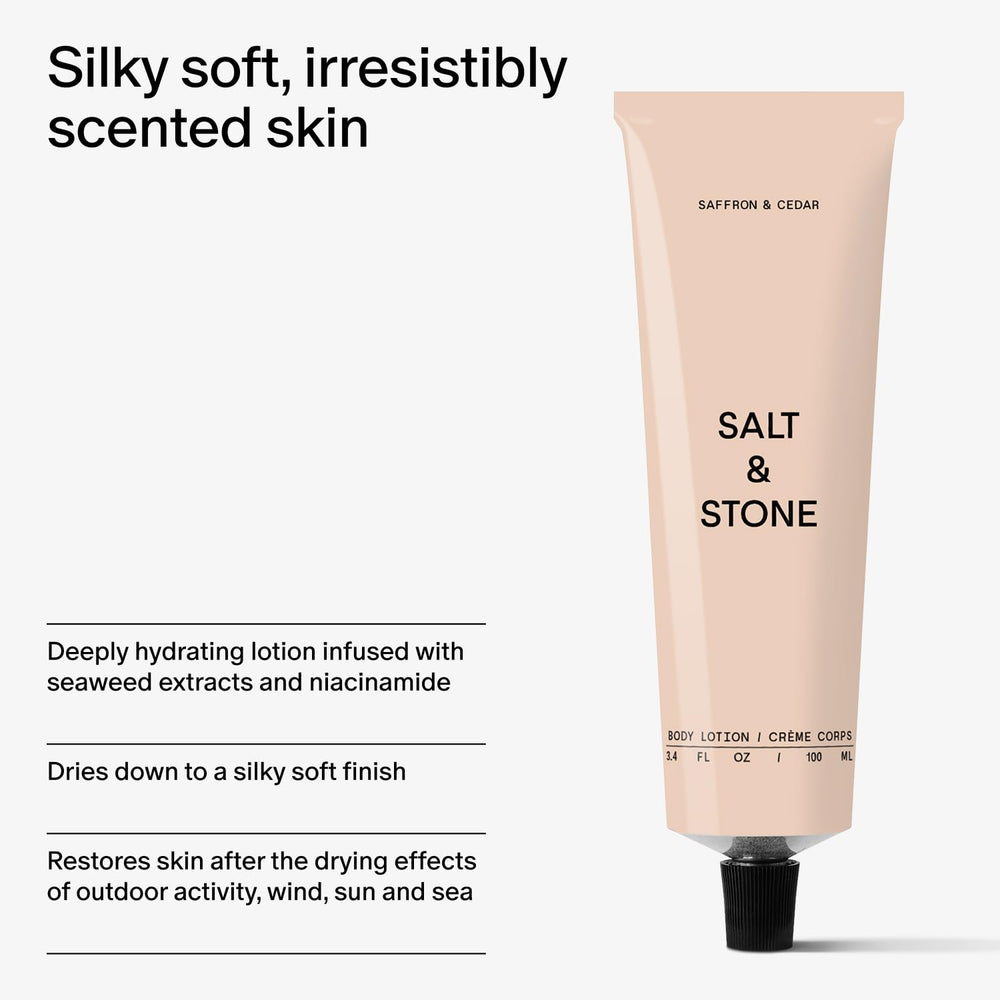 Salt & Stone body lotion texture swatch with silky-soft finish after absorption.
