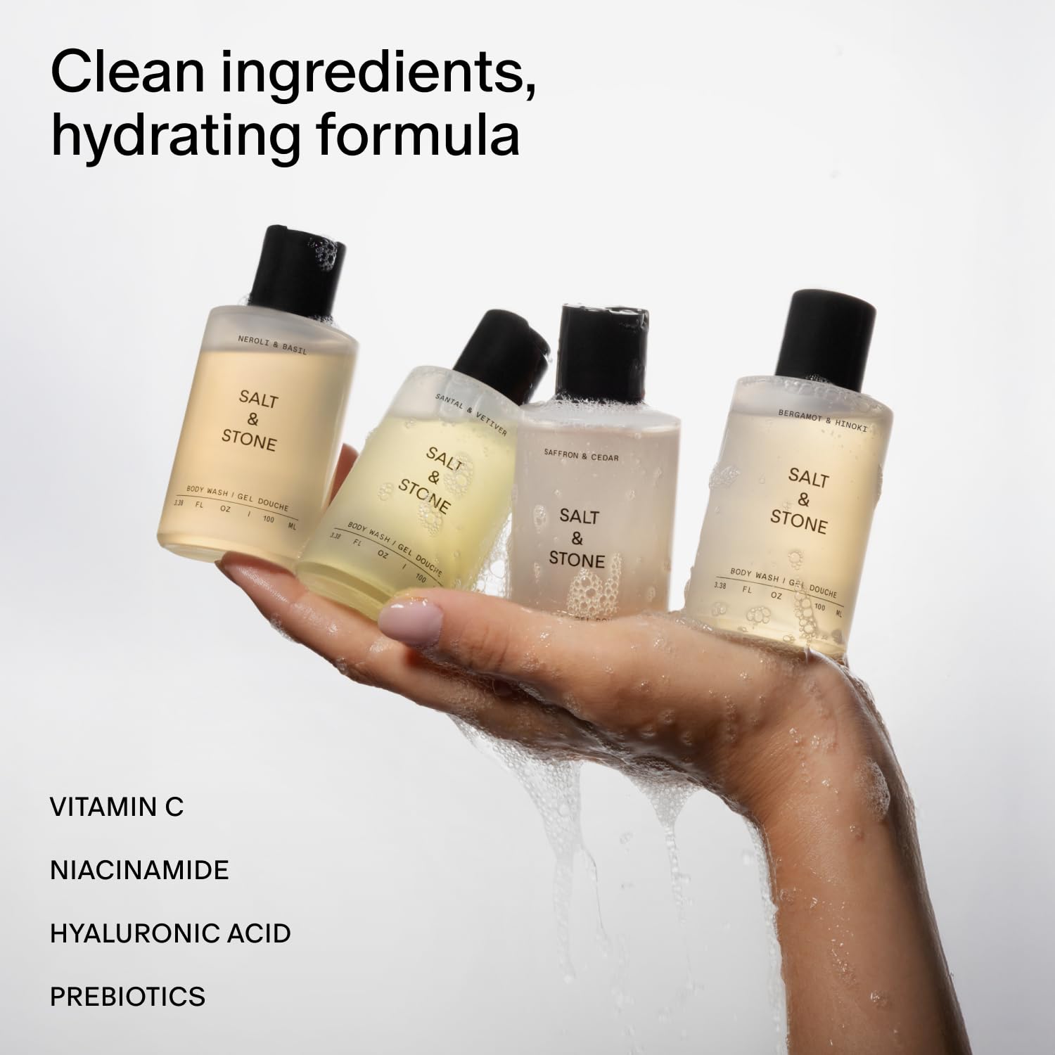 Salt & Stone foaming lather reveals rich, gentle cleanse for daily use.