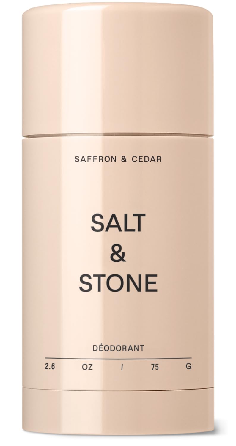 Salt & Stone aluminum free deodorant bottle with saffron cedar scent for long-lasting freshness