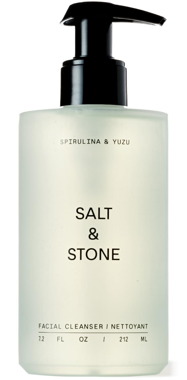 Salt & Stone facial cleanser bottle close-up highlighting gentle hydration for all skin types.