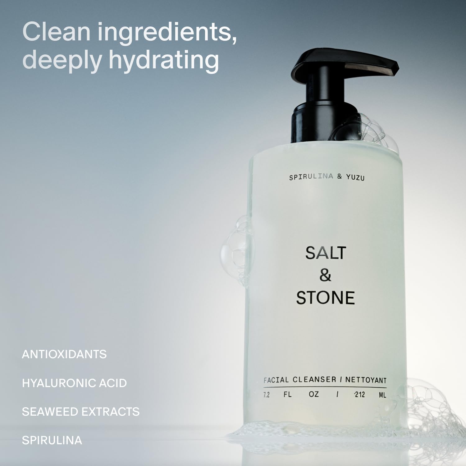 Salt & Stone facial cleanser foam lather showing refreshing cleanse ideal for daily use.