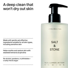 Salt & Stone morning and evening routine setup with cleanser bottle for daily skincare.