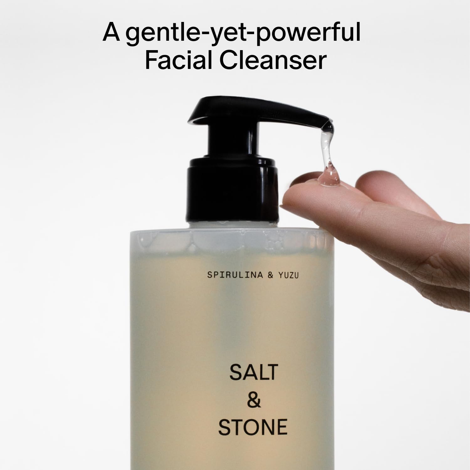Salt & Stone cleanser with spirulina and yuzu ingredients visual, emphasizing antioxidant-rich hydration.