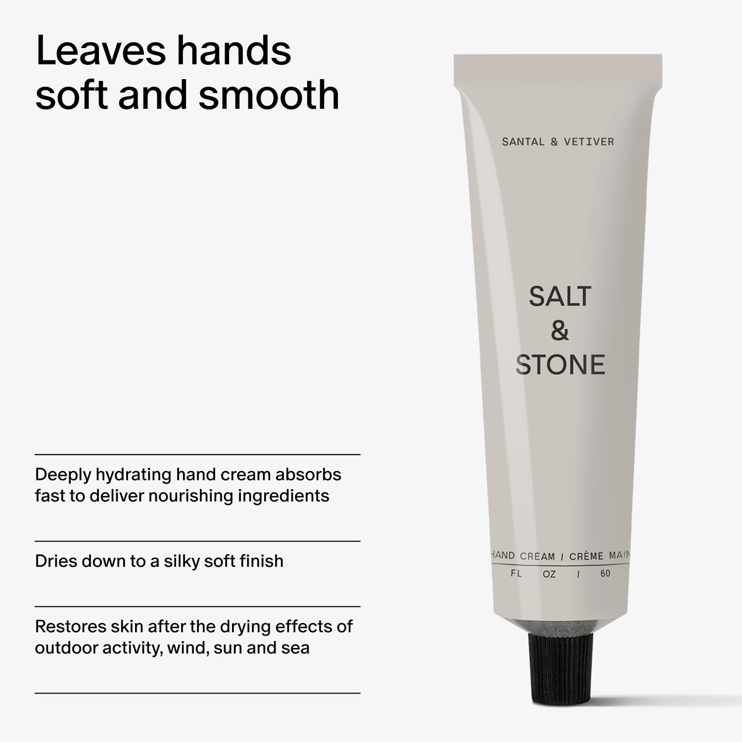 Salt & Stone Hand Cream application scene showing before and after use.