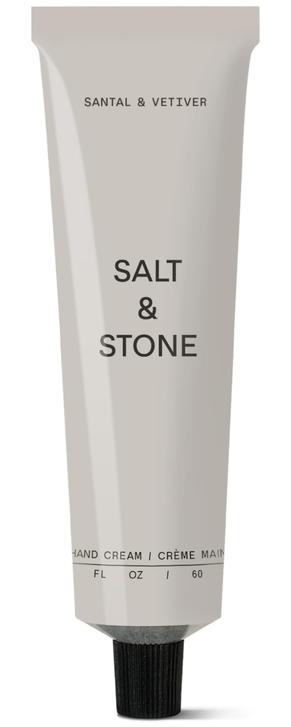 Salt & Stone Hand Cream Santal & Vetiver bottle demonstrating fast-absorbing hydration.