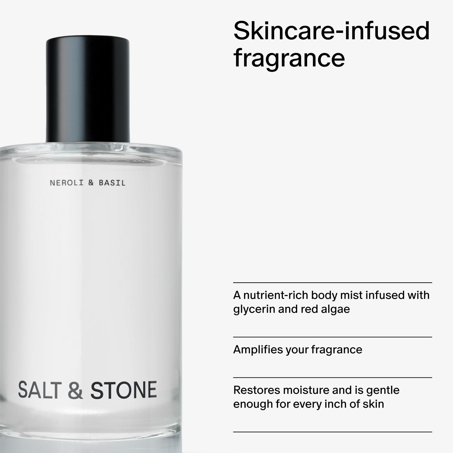 Salt & Stone ingredients card showing seaweed and hyaluronic acid for skin hydration