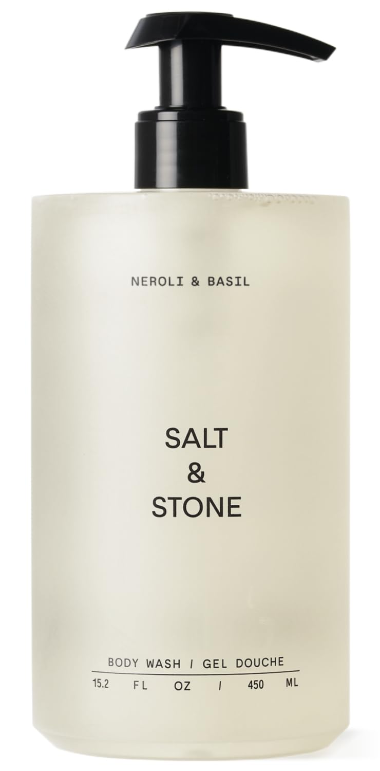 Salt & Stone Neroli & Basil bottle pour offers quick hydrating lather