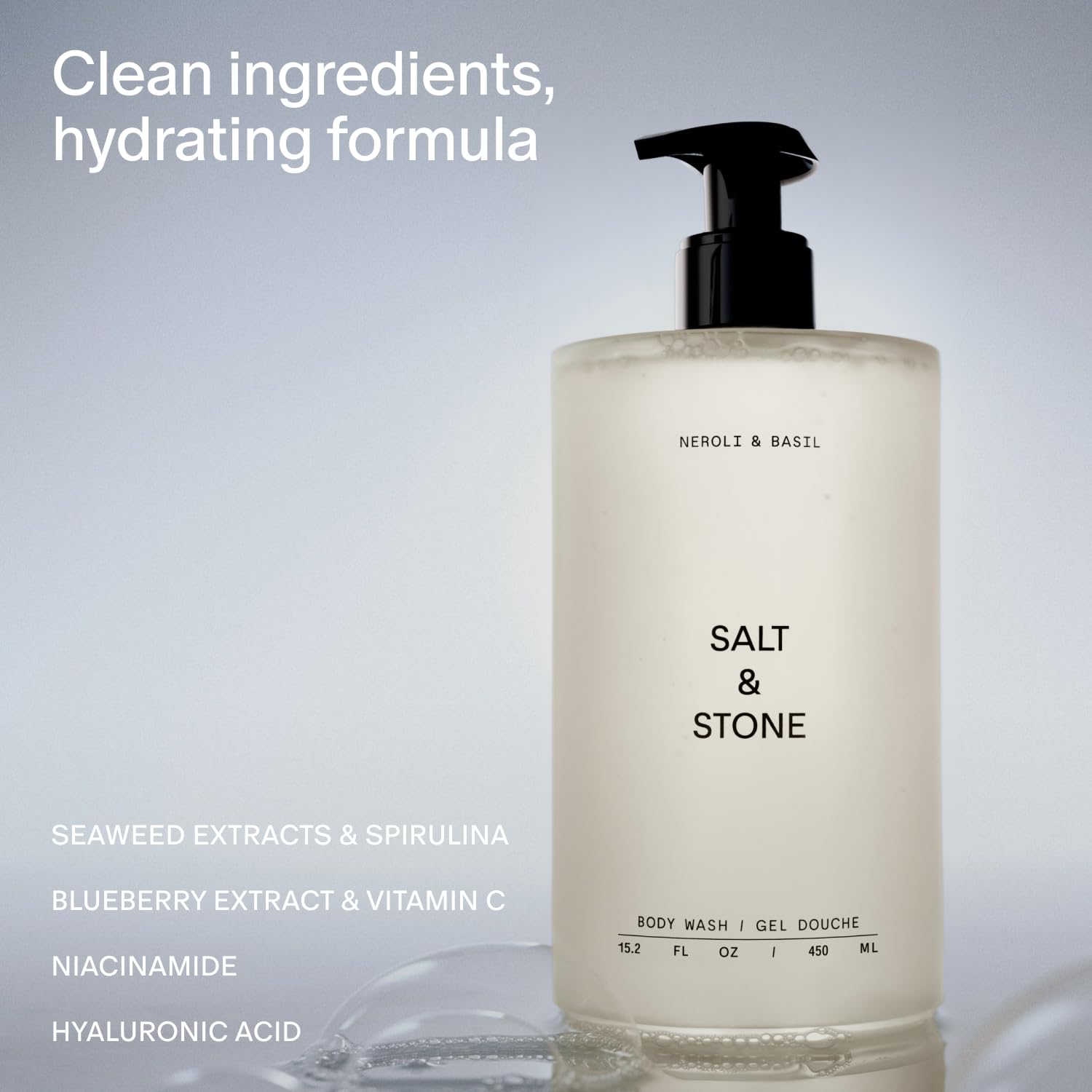 Salt & Stone Neroli & Basil lather close-up shows creamy foam for daily wash