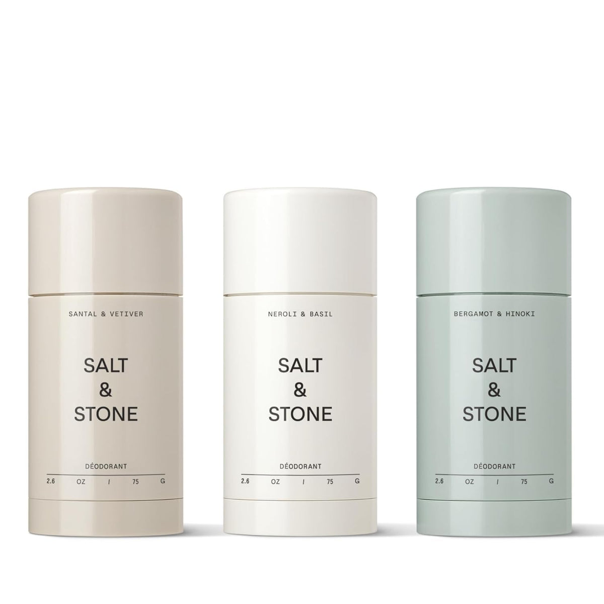 Salt & Stone trio set packaging shows aluminum-free deodorant for all-day freshness.
