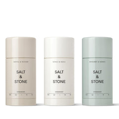 Salt & Stone trio set packaging shows aluminum-free deodorant for all-day freshness.