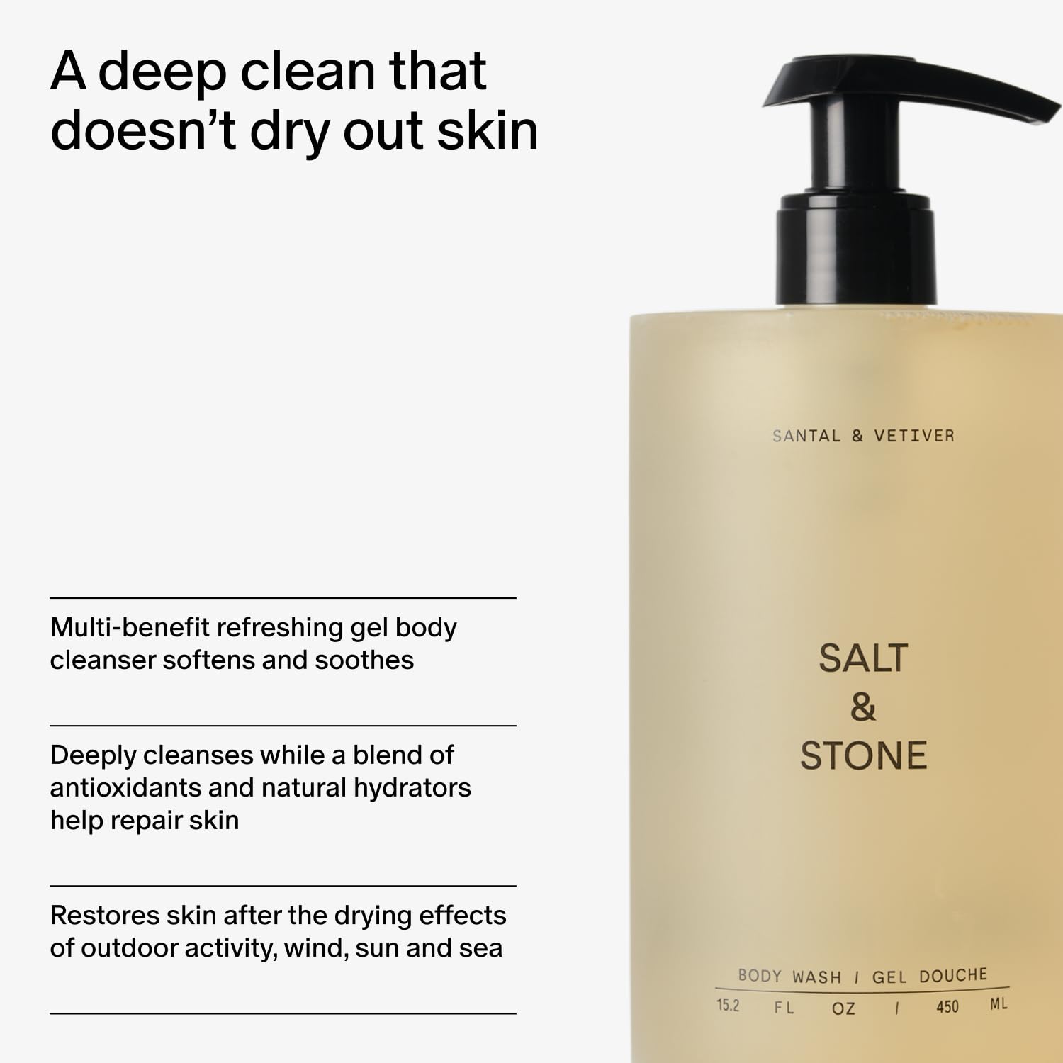 Salt & Stone vegan, cruelty-free certification shown in product lifestyle shot.