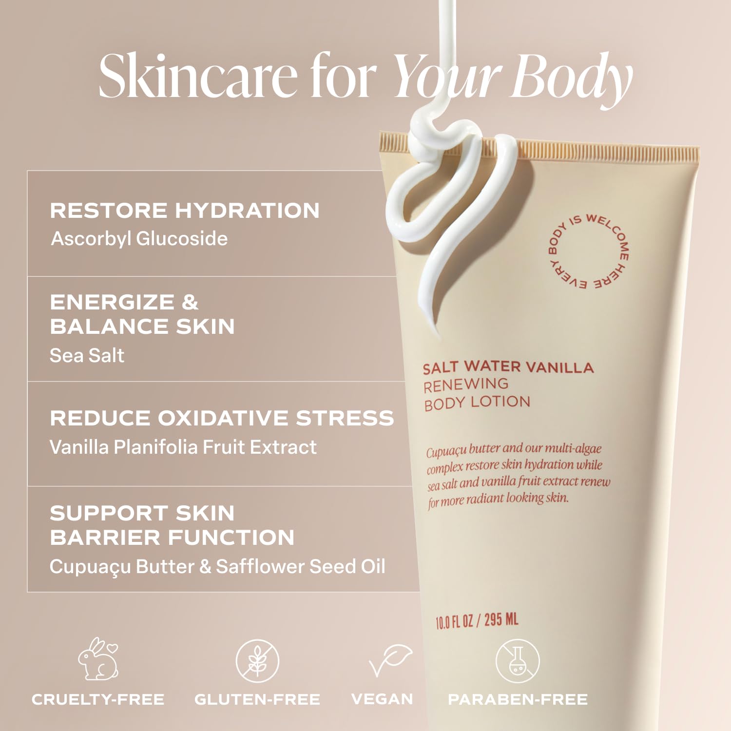 Saltair Body Lotion creamy texture application shows smooth, quick-absorbing hydration.
