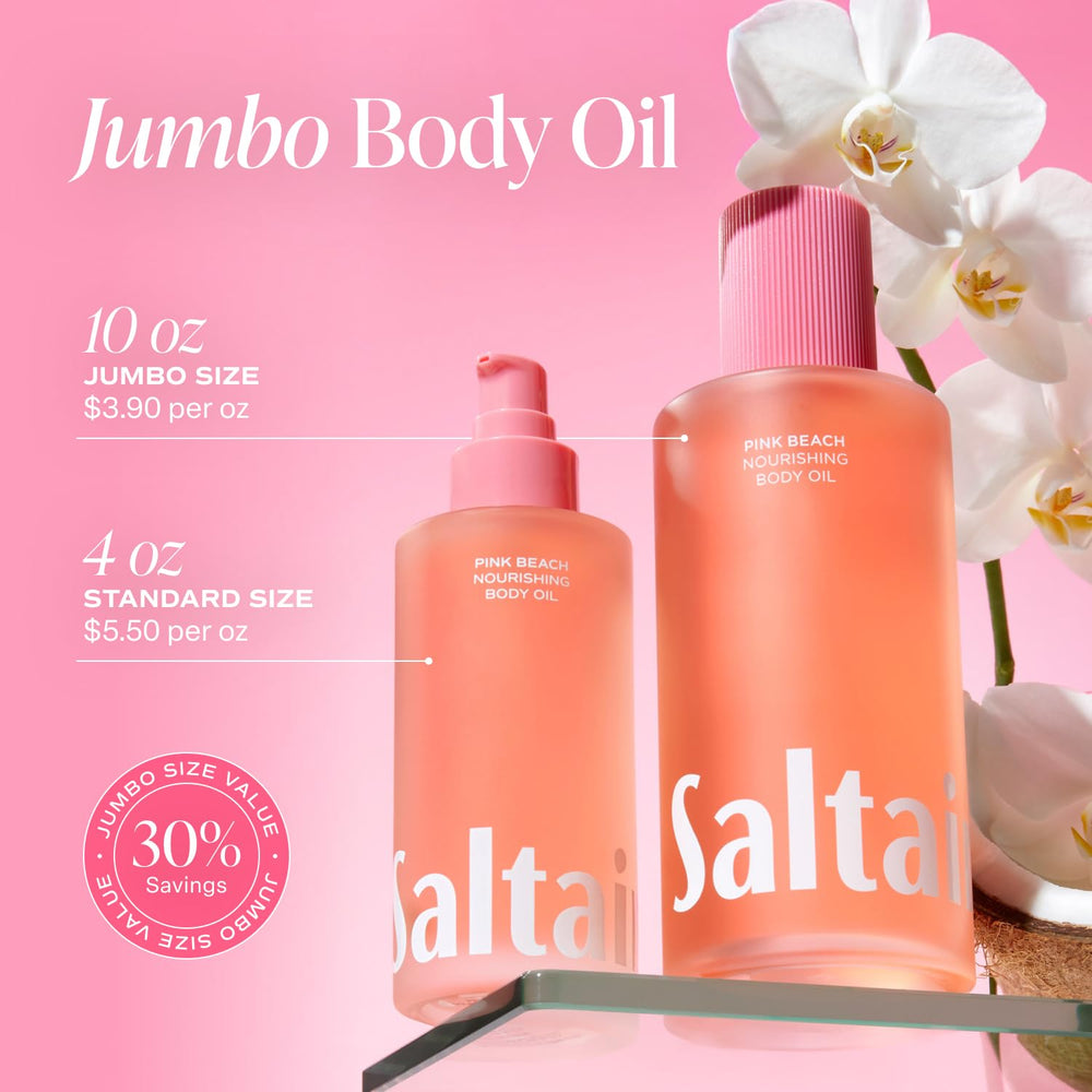 Saltair Body Oil pump dispenser showing easy-absorb formula.