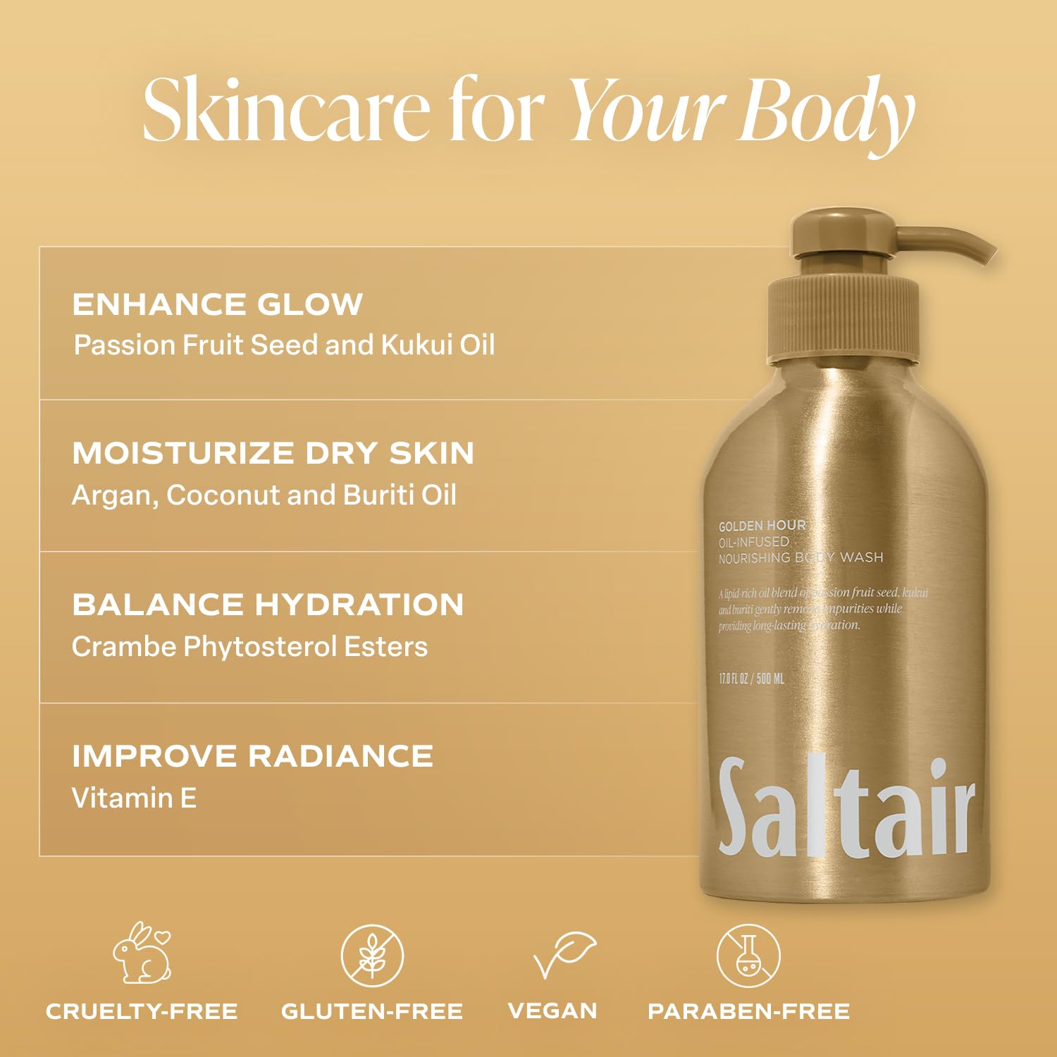 Saltair Golden Hour body wash on shelf, inviting a tropical cleanse